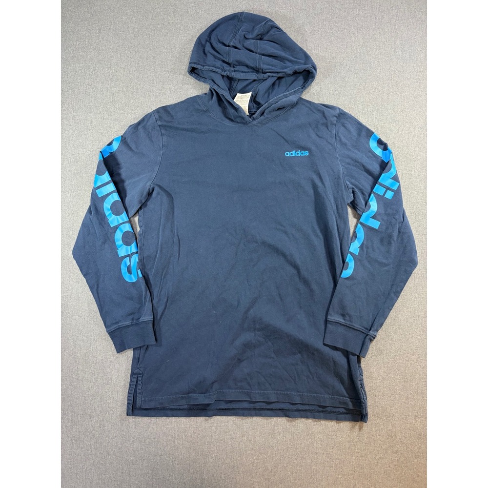 Adidas Mens Long Sleeve Hooded T-Shirt Navy Blue Cyan Graphic Logo Size Large
